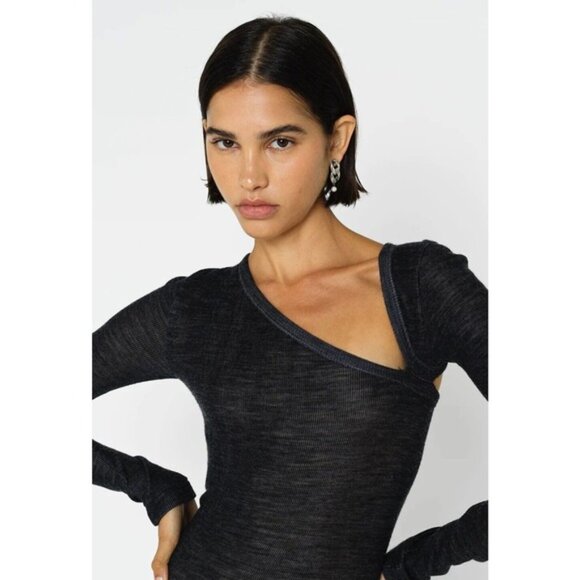 John Elliott Women's Tubular Merino Wool Asymmetrical Semi Sheer Mini Dress - Picture 2 of 8